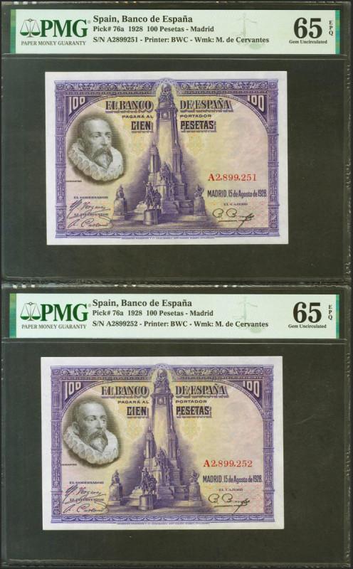 100 Pesetas. 15 de Agosto de 1928. Pareja correlativa. Serie A. (Edifil 2021: 35...