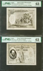 Conjunto de 2 pruebas fotográficas del anverso y reverso de un billete no adoptado similar al de 100 Pesetas de la emisión del 15 de Julio de 1928 (co...