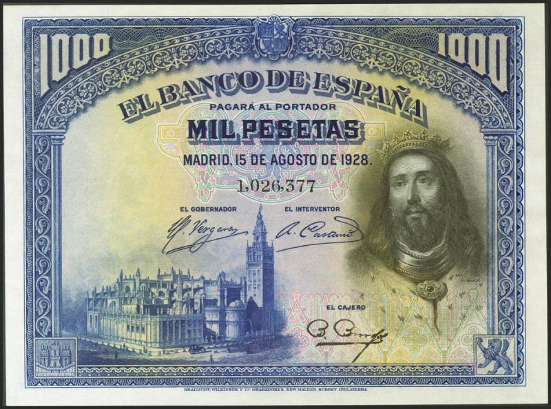 1000 Pesetas. 15 de Agosto de 1928. Sin serie. (Edifil 2021: 357). Presenta gran...
