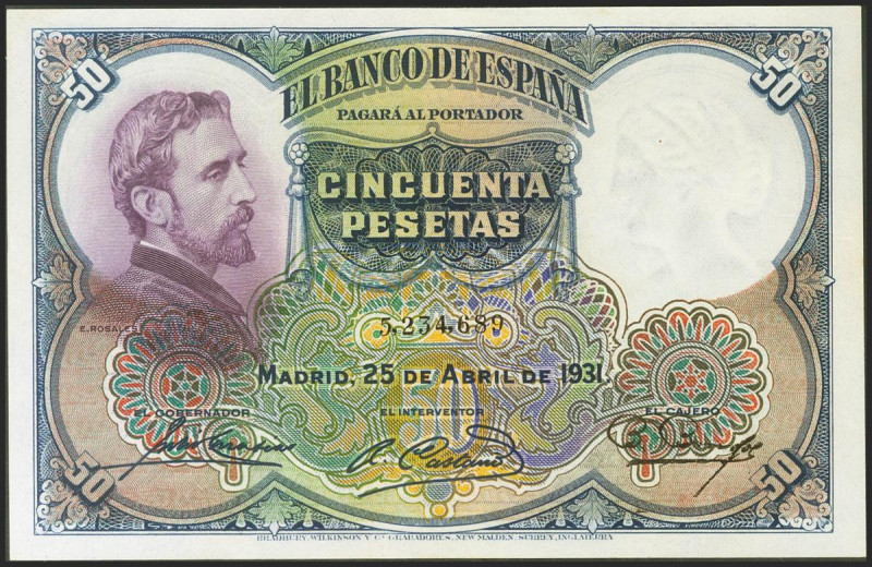 50 Pesetas. 25 de Abril de 1931. Sin serie. (Edifil 2021: 359). Apresto original...