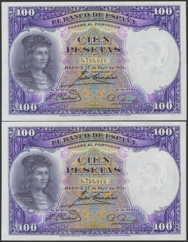 100 Pesetas. 25 de Abril de 1931. Pareja correlativa. Sin serie. (Edifil 2017: 3...