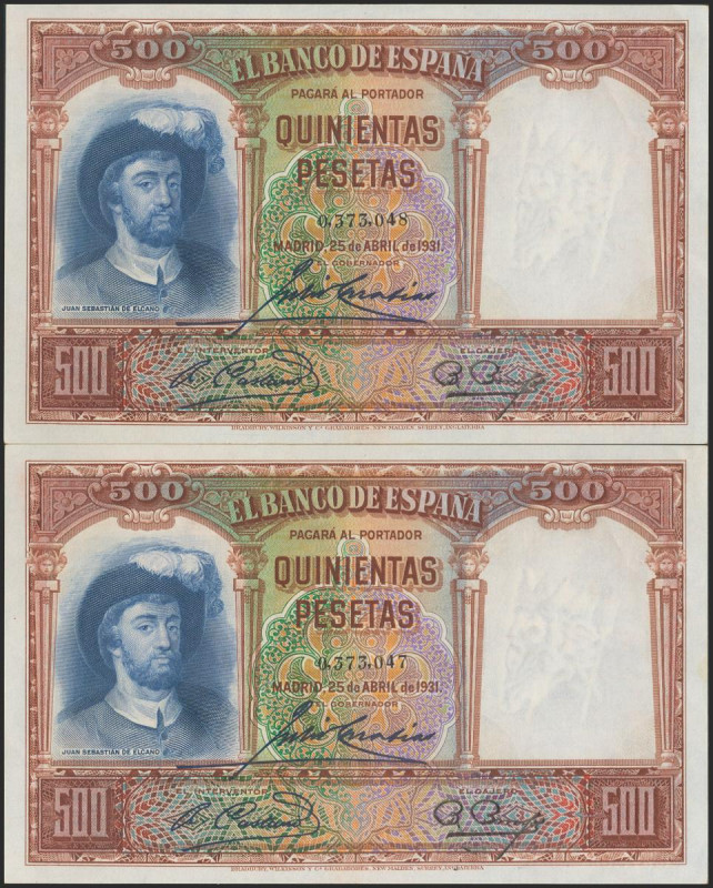 500 Pesetas. 25 de Abril de 1931. Pareja correlativa. Sin serie. (Edifil 2021: 3...
