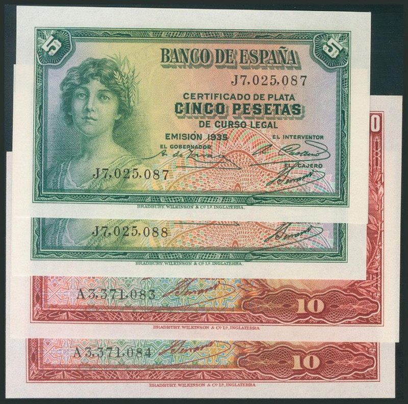 Conjunto de 2 parejas correlativas de 5 Pesetas y 10 Pesetas emitidas en 1935 y ...