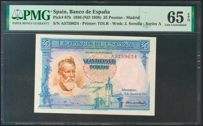 25 Pesetas. 31 de Agosto de 1936. Serie A. (Edifil 2021: 367a). Apresto original...