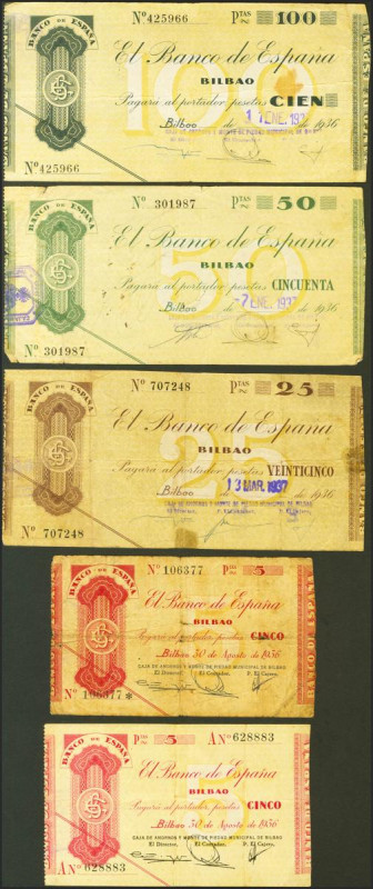 Serie completa de 4 billetes de 5 Pesetas, 25 Pesetas, 50 Pesetas y 100 Pesetas,...