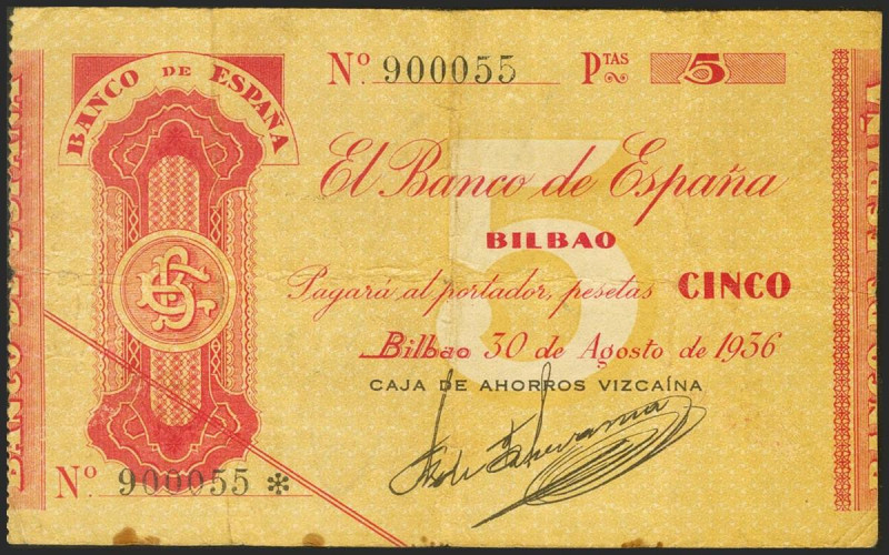 5 Pesetas. 1936. Sin serie. Sucursal de Bilbao y antefirma Caja de Ahorros Vizca...