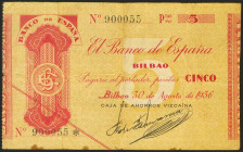 5 Pesetas. 1936. Sin serie. Sucursal de Bilbao y antefirma Caja de Ahorros Vizcaina. (Edifil 2021: 368c). MBC.