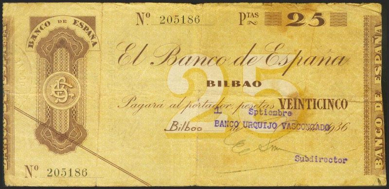 25 Pesetas. 1936. Sin serie. Sucursal de Bilbao y antefirma Banco Urquijo Vascon...