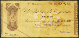 25 Pesetas. 1936. Sin serie. Sucursal de Bilbao y antefirma Banco Urquijo Vascongado. (Edifil 2021: 369g). MBC.