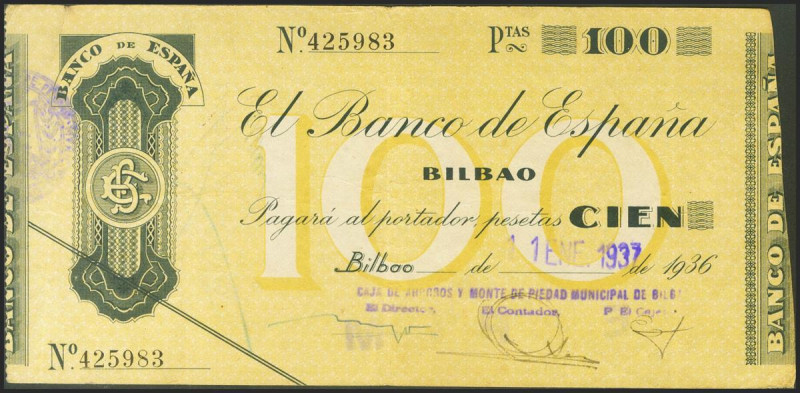 100 Pesetas. 1936. Sin serie. Sucursal de Bilbao y antefirma Caja de Ahorros y M...