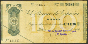 100 Pesetas. 1936. Sin serie. Sucursal de Bilbao y antefirma Banco de Vizcaya. (Edifil 2021: 371b). MBC.