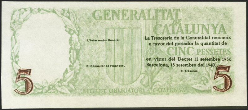 5 Pesetas. 15 de Septiembre de 1940. Prueba de anverso y reverso con el fondo en...