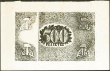 (1938ca). Prueba de color en negro del reverso de un billete no emitido de 500 Pesetas de la Generalitat de Cataluña. Rarísimo. EBC+.