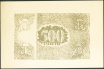 (1938ca). Prueba de color en gris del reverso de un billete no emitido de 500 Pesetas de la Generalitat de Cataluña. Rarísimo. EBC+.