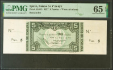 5 Pesetas. 1 de Enero de 1937. Sucursal de Bilbao, antefirma del Banco de Vizcaya. Sin serie y sin numeración, con ambas matrices. (Edifil 2021: 385f)...