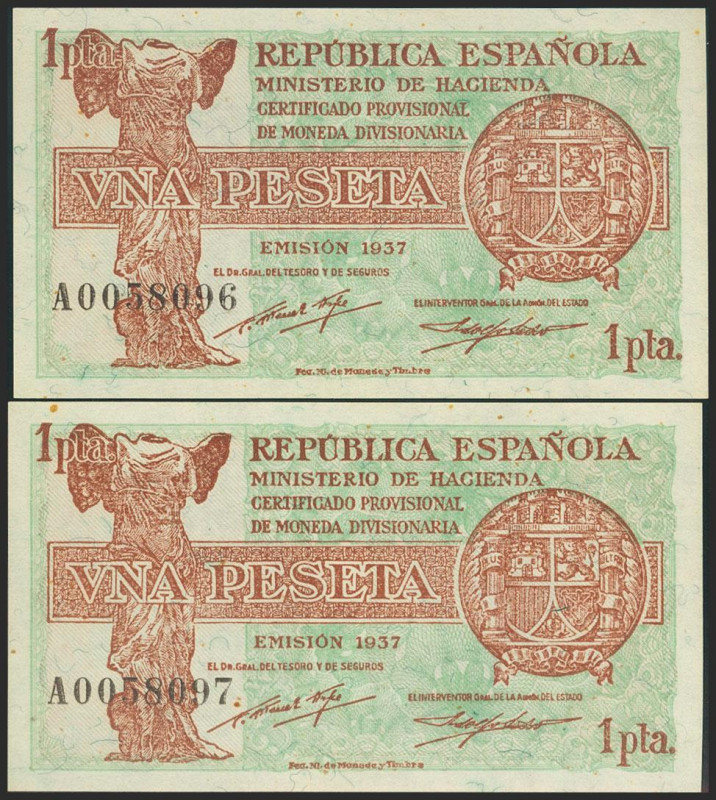 1 Peseta. 1937. Pareja correlativa. Ministerio de Hacienda. Serie A. (Edifil 202...