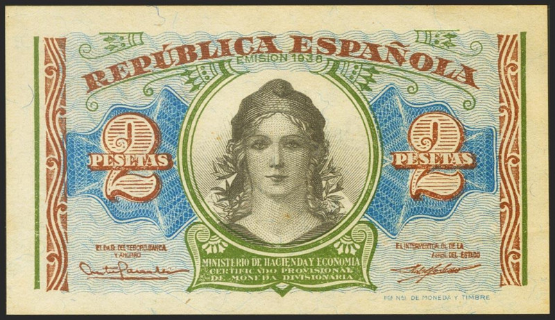 2 Pesetas. 1938. Serie A. (Edifil 2021: 393). Apresto original. EBC+.