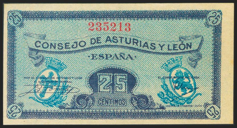 25 Céntimos. 1937. Asturias y León. Sin serie. (Edifil 2021: 394). Apresto origi...