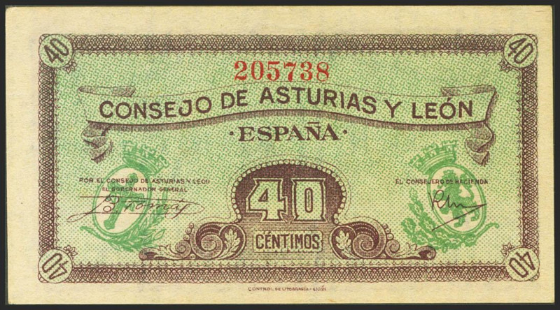 40 Céntimos. 1937. Asturias y León. (Edifil 2021: 395). Apresto original. SC.