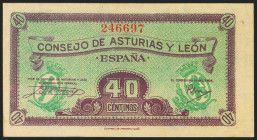40 Céntimos. 1937. Asturias y León. Sin serie. (Edifil 2021: 395). Presenta gran parte del apresto original. EBC+.