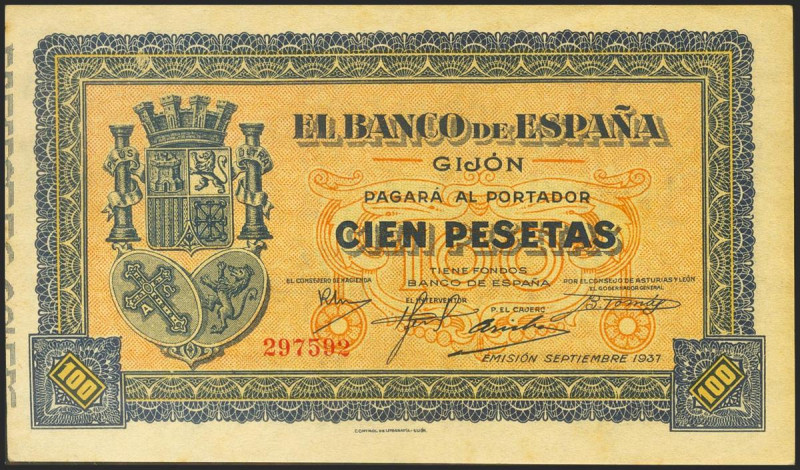 100 Pesetas. Septiembre 1937. Sucursal de Gijón. Sin serie. (Edifil 2021: 399). ...