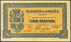 100 Pesetas. Septiembre 1937. Sucursal de Gijón. Sin serie. (Edifil 2021: 399). Apresto original. SC--.