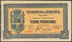 100 Pesetas. Septiembre 1937. Sucursal de Gijón. Sin serie. (Edifil 2021: 399). Presenta gran parte del apresto original. EBC+.