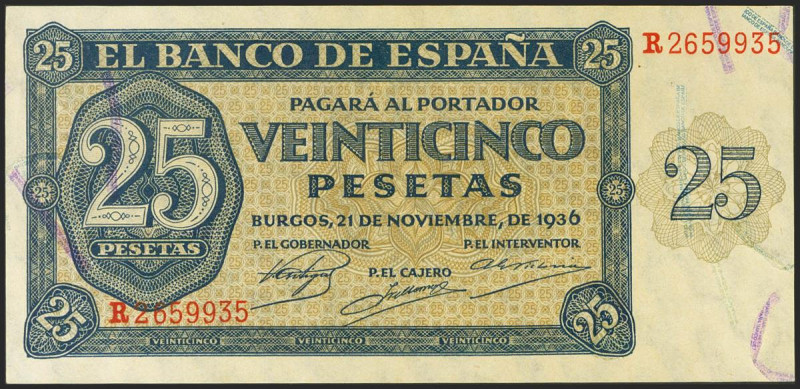 25 Pesetas. 21 de Noviembre de 1936. Serie R. (Edifil 2021: 419a). Conserva todo...