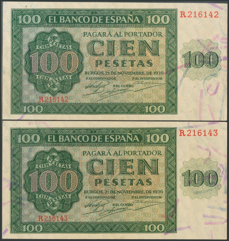 100 Pesetas. 21 de Noviembre de 1936. Pareja correlativa. Serie R. (Edifil 2017:...