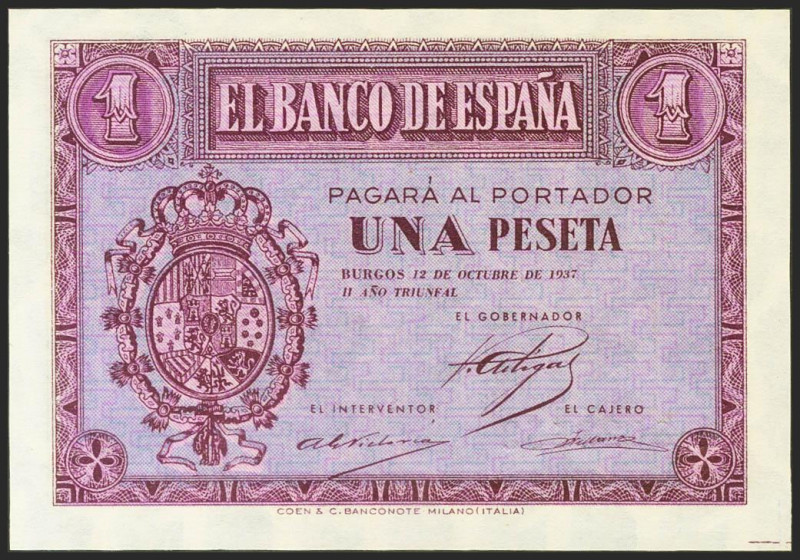 1 Peseta. 12 de Octubre de 1937. Serie A. (Edifil 2021: 425). Inusual en esta su...