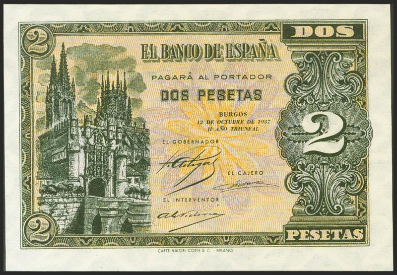 2 Pesetas. 12 de Octubre de 1937. Serie B. (Edifil 2021: 426a). Muy raro en esta...