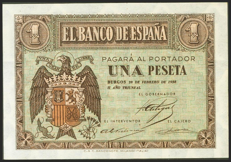 1 Peseta. 28 de Febrero de 1938. Serie A. (Edifil 2021: 427). Apresto original. ...