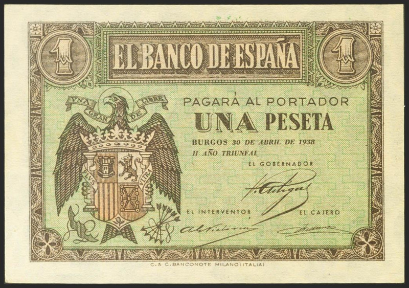 1 Peseta. 30 de Abril de 1938. Serie F. (Edifil 2021: 428a). Conserva todo el ap...