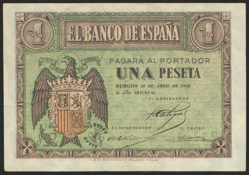 1 Peseta. 30 de Abril de 1938. Serie H. (Edifil 2021: 428a). Apresto original. S...