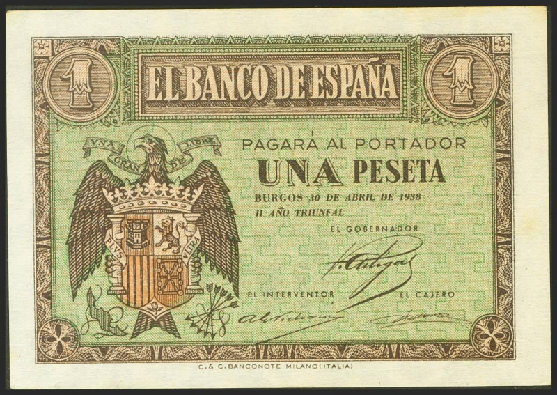 1 Peseta. 30 de Abril de 1938. Serie I. (Edifil 2021: 428a). Apresto original. S...