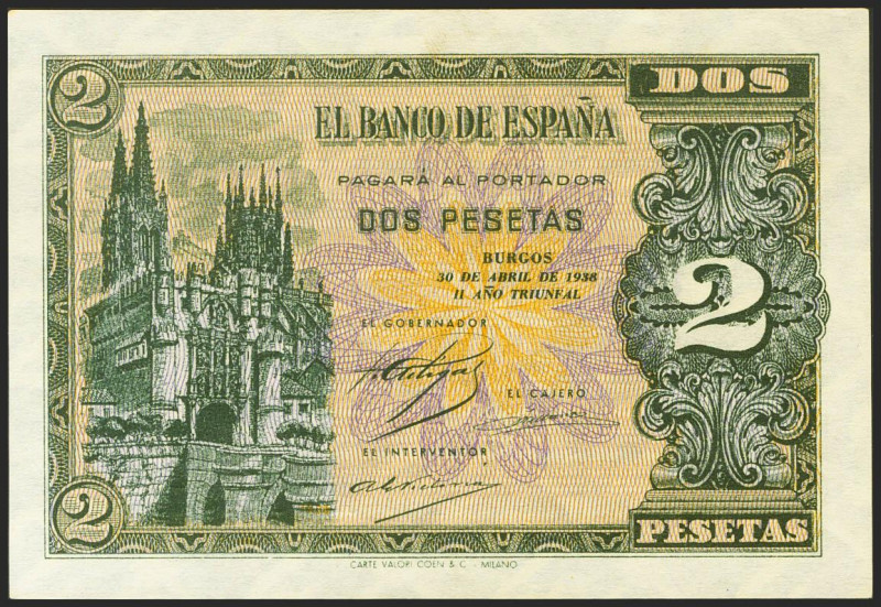 2 Pesetas. 30 de Abril de 1938. Serie A. (Edifil 2021: 429). Inusual en esta sup...