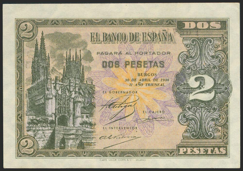 2 Pesetas. 30 de Abril de 1938. Serie I. (Edifil 2021: 429a). Apresto original. ...