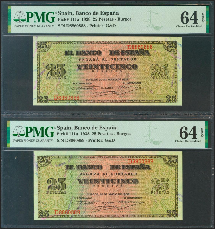 25 Pesetas. 20 de Mayo de 1938. Pareja correlativa. Serie D. (Edifil 2021: 430a,...