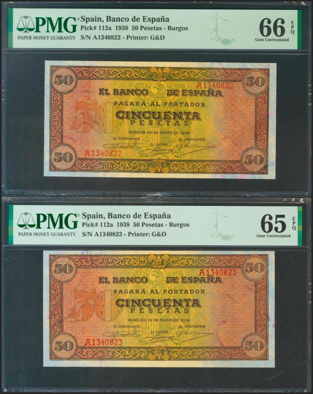 50 Pesetas. 20 de Mayo de 1938. Pareja correlativa. Serie A. (Edifil 2021: 431, ...