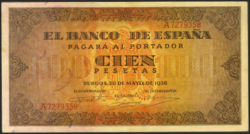 100 Pesetas. 20 de Mayo de 1938. Serie A. (Edifil 2021: 432). Conserva parte de ...