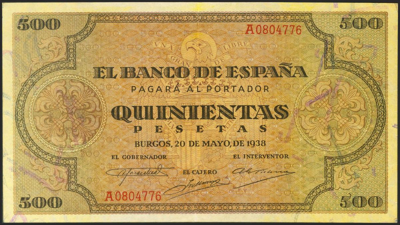 500 Pesetas. 20 de Mayo de 1938. Serie A. (Edifil 2021: 433). Conserva gran part...