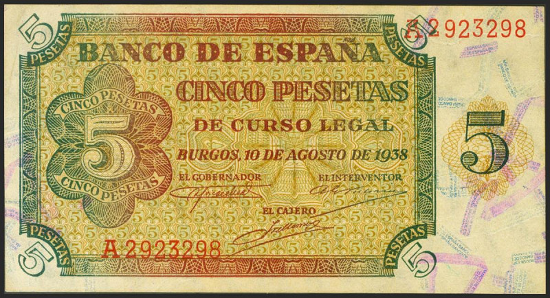 5 Pesetas. 10 de Agosto de 1938. Serie A. (Edifil 2021: 435). Arruguitas natural...