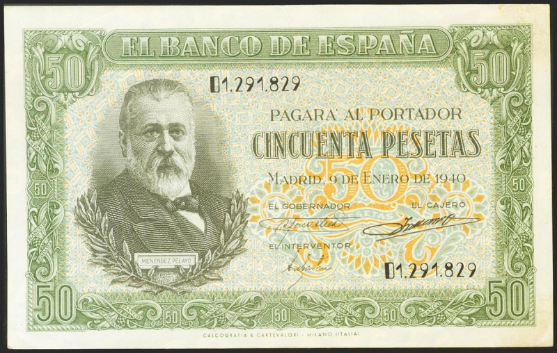 50 Pesetas. 9 de Enero de 1940. Serie D. (Edifil 2021: 437a). Conserva gran part...