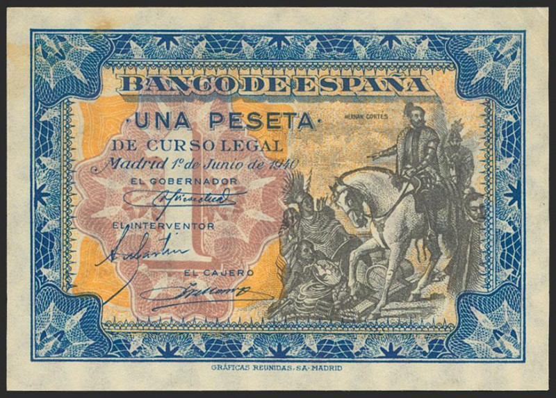 1 Peseta. 1 de Junio de 1940. Serie A. (Edifil 2021: 441a). Apresto original y p...