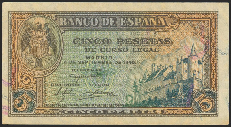 5 Pesetas. 4 de Septiembre de 1940. Serie B. (Edifil 2021: 443a). Conserva gran ...