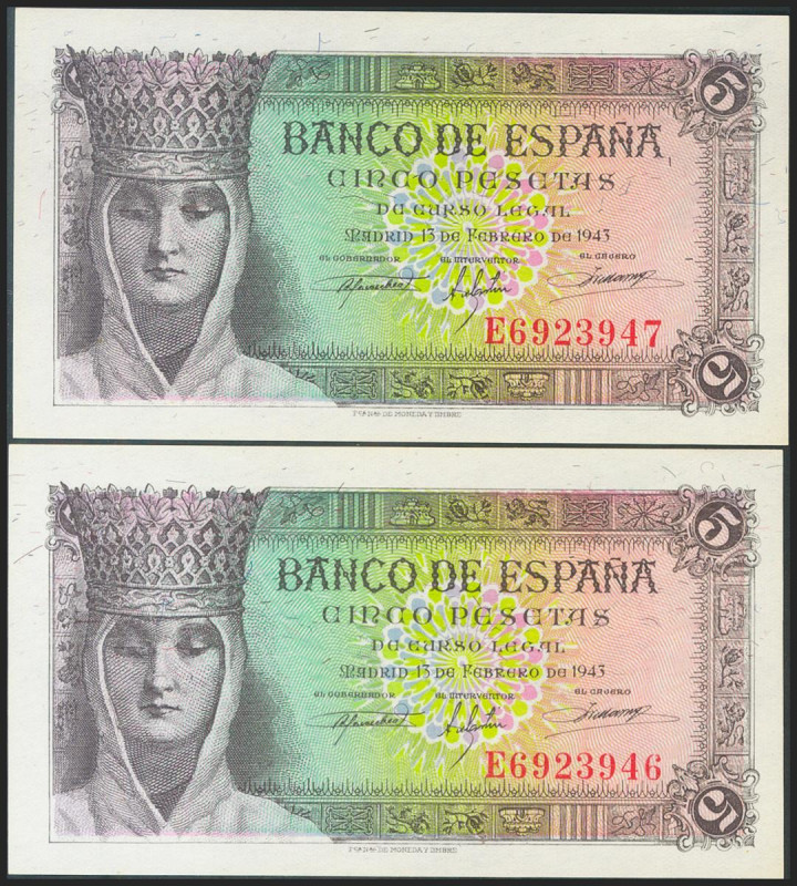 5 Pesetas. 13 de Febrero de 1943. Pareja correlativa. Serie E. (Edifil 2021: 446...