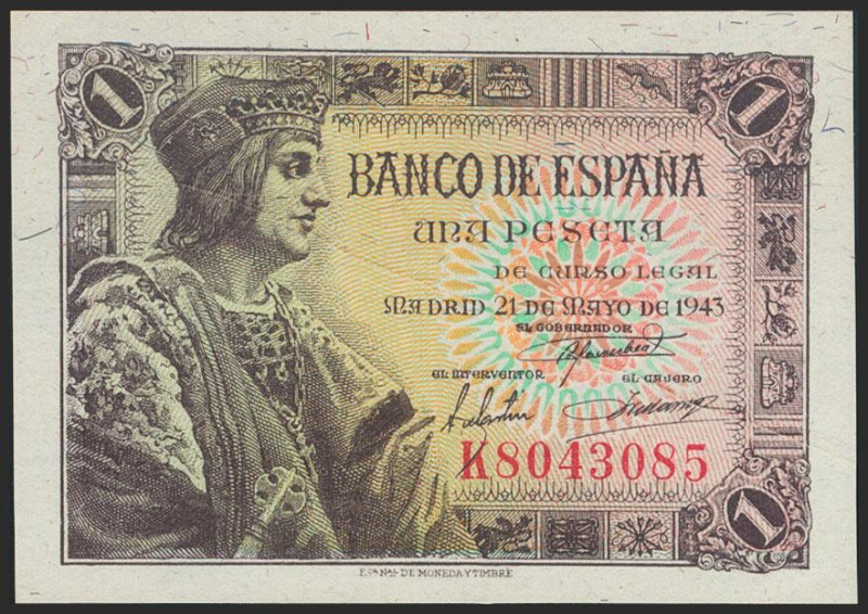 1 Peseta. 21 de Mayo de 1943. Serie K. (Edifil 2021: 447a). Apresto original y p...