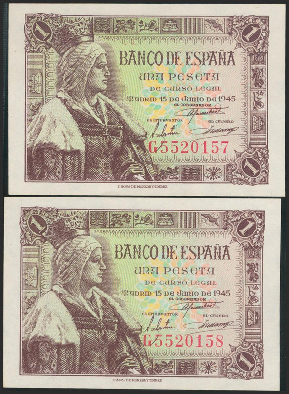 1 Peseta. 15 de Junio de 1945. Pareja correlativa. Serie G. (Edifil 2021: 448a)....