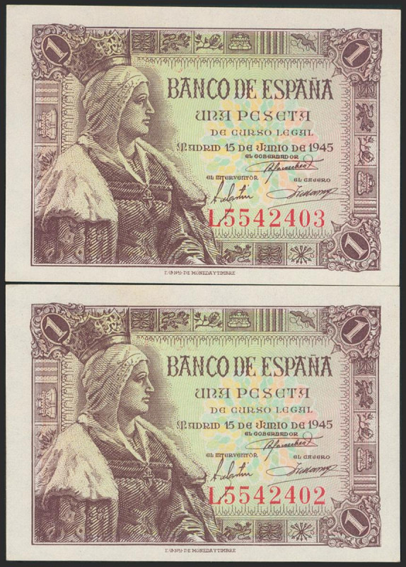 1 Peseta. 15 de Junio de 1945. Pareja correlativa. Serie L. (Edifil 2021: 448a)....