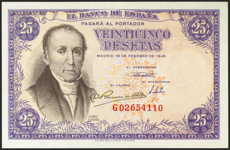 25 Pesetas. 19 de Febrero de 1946. Serie G. (Edifil 2017: 450a). Apresto origina...